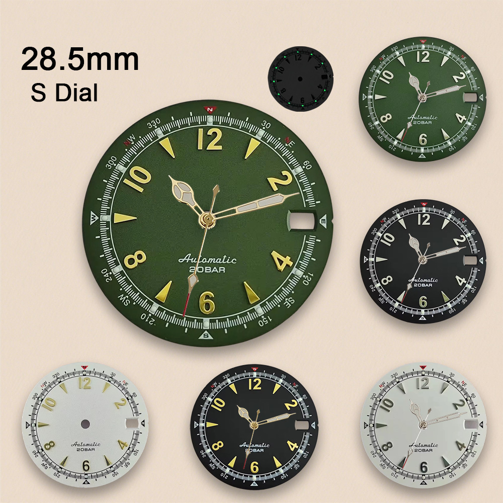 Reel Case - Nh35 Dial Sโลโก้ 28.5 มม.Retroนาฬิกาสีเขียวส่องสว่างสําหรับNH35 NH36